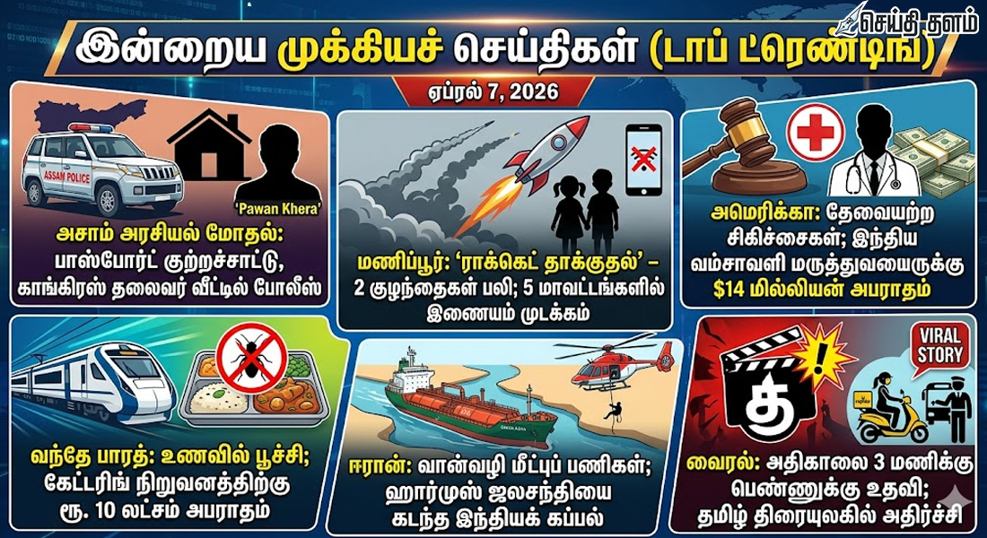 இன்றைய முக்கியச் செய்திகள்: அசாம் அரசியல் மோதல் முதல் மணிப்பூர் ராக்கெட் தாக்குதல் வரை (ஏப்ரல் 7, 2026)