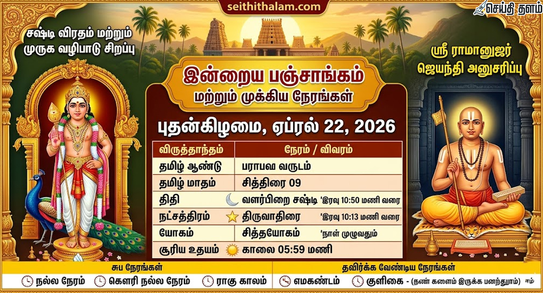 இன்றைய பஞ்சாங்கம்: ஏப்ரல் 22, 2026 - சஷ்டி விரதம் மற்றும் ராமானுஜர் ஜெயந்தி!