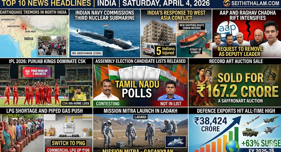 இன்றைய முக்கிய 10 இந்தியச் செய்திகள் - ஏப்ரல் 4, 2026