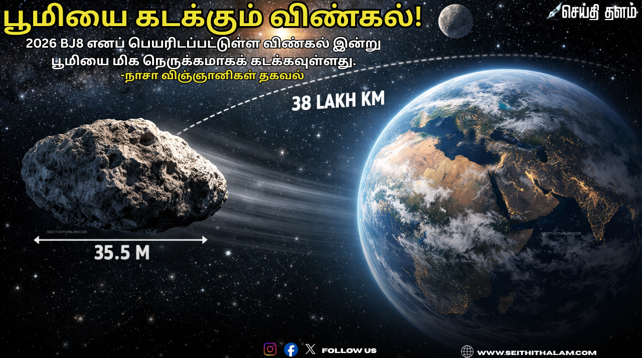 ☄️ "பூமியை கடக்கும் விண்கல்!" - 2026 BJ8 எனப் பெயரிடப்பட்டுள்ள விண்கல் இன்று பூமியை மிக நெருக்கமாகக் கடக்கவுள்ளது.