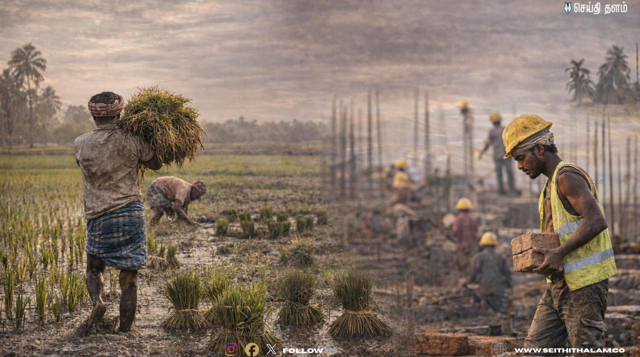 🔥 "தமிழக விவசாயத்தில் ஆள் பற்றாக்குறை!" - விவசாயப் பணிகளைப் புறக்கணிக்கும் 20% ஊரகத் தொழிலாளர்கள்! - கட்டுமானத்துறைக்கு மாறும் இளைஞர்கள்