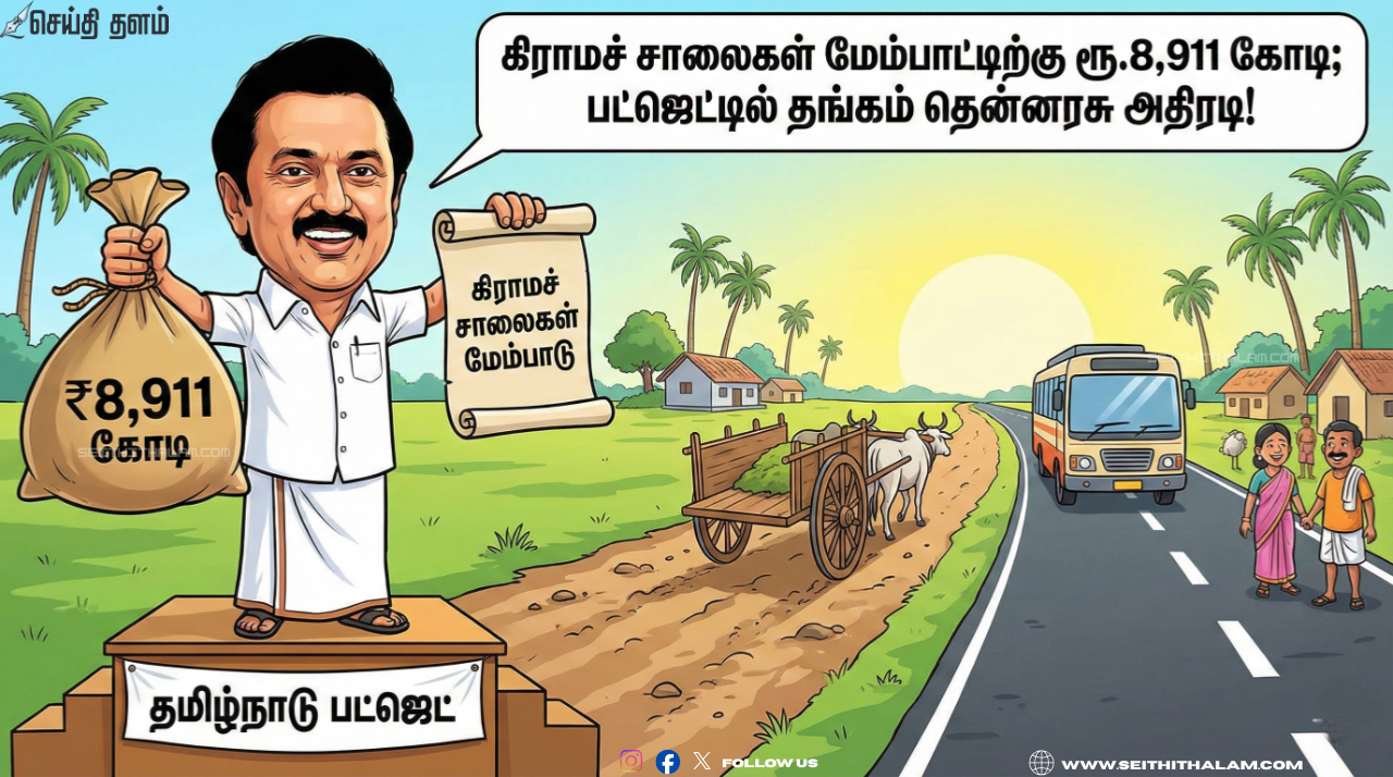 🛣️ கிராமச் சாலைகள் மேம்பாட்டிற்கு ரூ.8,911 கோடி; பட்ஜெட்டில் தங்கம் தென்னரசு அதிரடி!