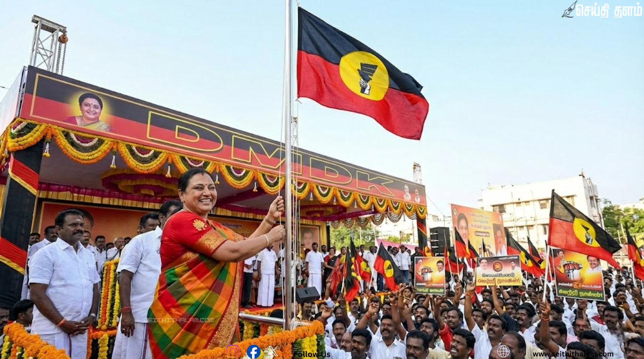 🚩 தேமுதிக 26-வது ஆண்டு கொடி நாள்! கோயம்பேட்டில் கொடியேற்றி பிரேமலதா விஜயகாந்த் சூளுரை!