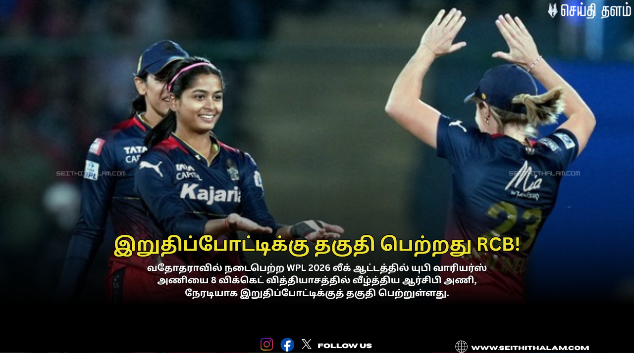 🏏இறுதிப்போட்டிக்கு தகுதி பெற்றது RCB! - யுபி வாரியர்ஸ் அணியை 8 விக்கெட் வித்தியாசத்தில் வீழ்த்திய ஆர்சிபி அணி!