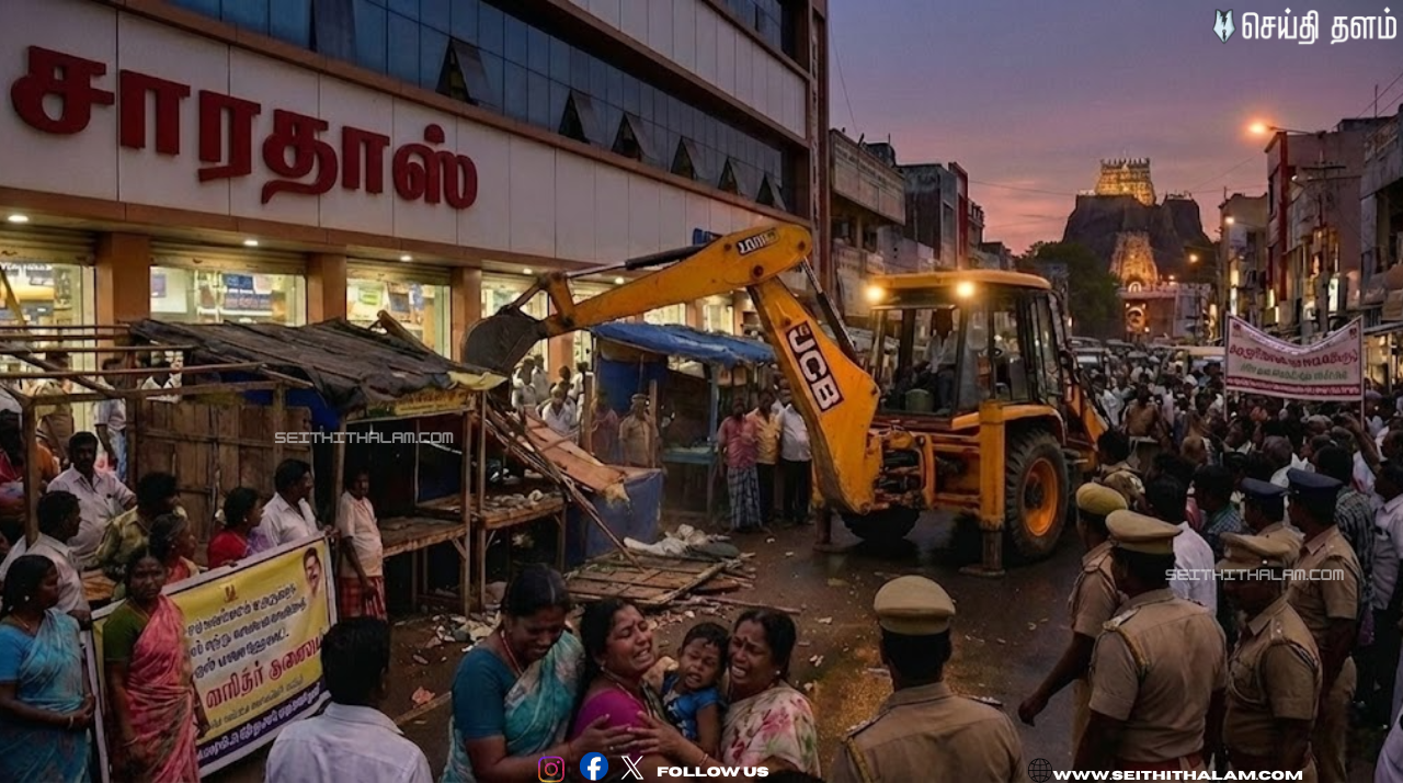 திருச்சி சாரதாஸ் முன் பரபரப்பு! கண்ணீருடன் வெளியேறிய வியாபாரிகள்! ஜேசிபி-யுடன் வந்த அதிகாரிகள்!