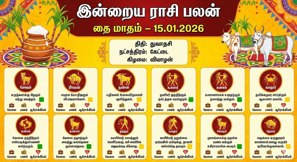 இன்றைய ராசி பலன் (15.01.2026)–பொங்கல் சிறப்பு பலன்கள்