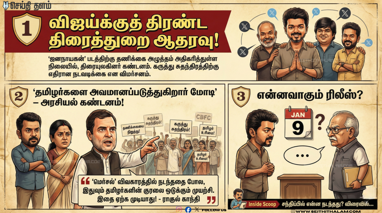 "ஜனநாயகன்" முடக்கம்? - பொங்கி எழுந்த திரைத்துறை! - ஜனநாயகனுக்கு கை கொடுக்கும் காங்கிரஸ்!