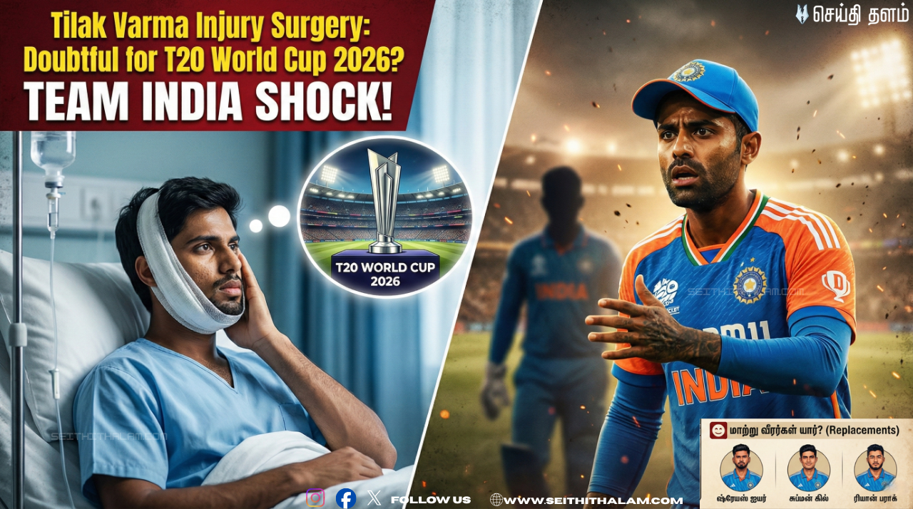 🔥 இந்திய அணிக்குக் காத்திருக்கும் அதிர்ச்சி'! - திலக் வர்மாவுக்கு அறுவை சிகிச்சை! - டி20 உலகக் கோப்பையில் ஆடுவது சந்தேகம்?