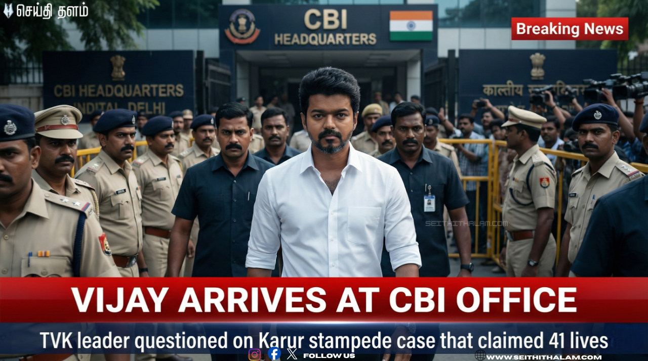 "டெல்லி சிபிஐ அலுவலகத்தில் விஜய்!" - Y பிரிவு பாதுகாப்புடன் 20 கிமீ பயணம்! - கரூரில் 41 பேர் பலியான வழக்கில் விசாரணை ஆரம்பம்!