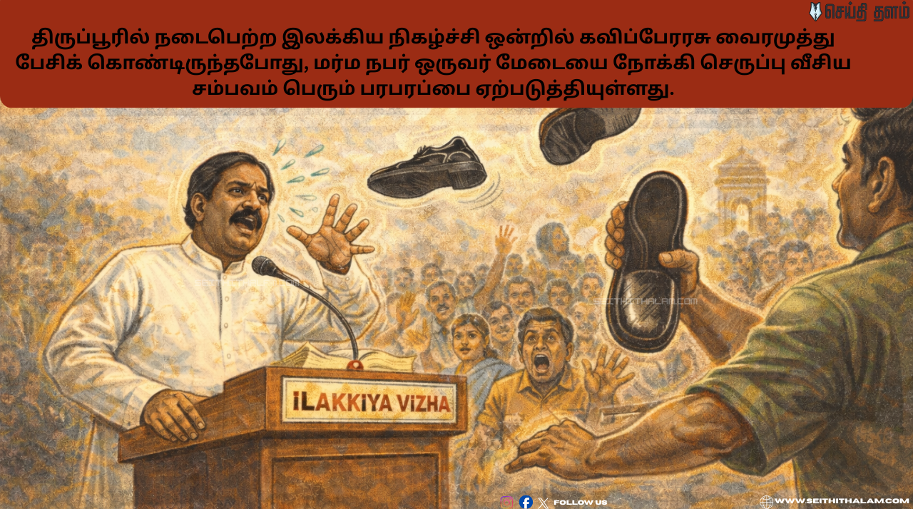 திருப்பூரில் பரபரப்பு! வைரமுத்து பங்கேற்ற மேடையில் செருப்பு வீச்சு - இலக்கியத் திருவிழாவில் அதிர்ச்சி!