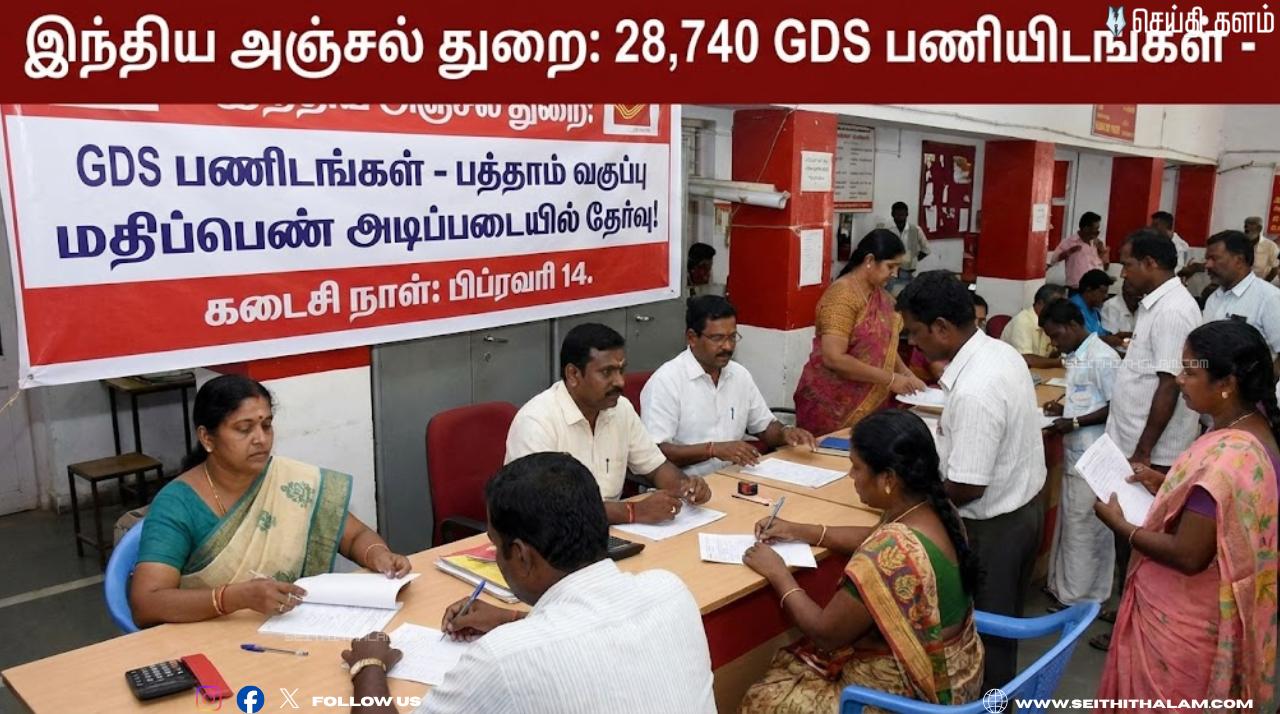 பத்தாம் வகுப்பு முடித்தவர்களுக்கு மத்திய அரசு வேலை! இந்தியா போஸ்ட் GDS 2026 - 28,740 பணியிடங்கள்!