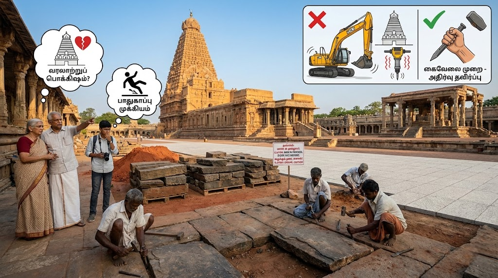 தஞ்சை பெரிய கோயிலில் உளி சத்தம்! உடைக்கப்படும் தரைத்தளம்... பழமை மாறுகிறதா? - பக்தர்கள் வேதனை & உண்மைக் காரணம்!
