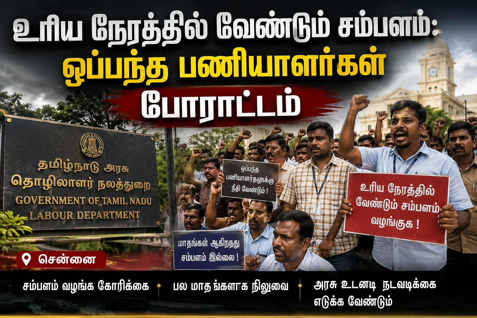 உரிய நேரத்தில் வேண்டும் சம்பளம்! வாழ்வாதாரம் காக்க தமிழகத்தில் வீதியில் இறங்கி போராடும் ஒப்பந்த பணியாளர்கள் - அரசு எடுக்கும் அதிரடி முடிவு என்ன?