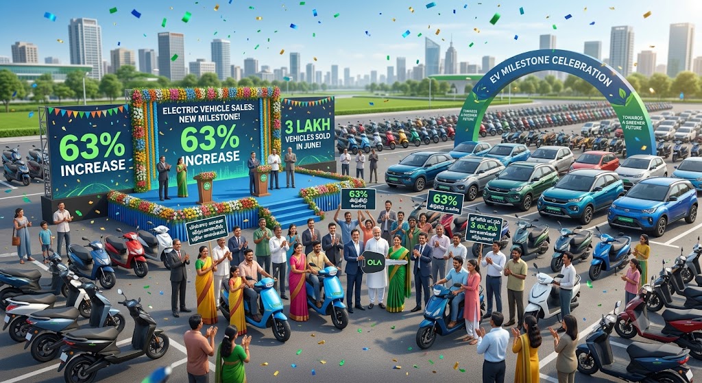 மின்சார வாகனங்களின் விற்பனையில் புதிய மைல்கல்! 63% கிடுகிடு உயர்வு - ஜூனில் மட்டும் 3 லட்சம் வாகனங்கள் விற்பனை!