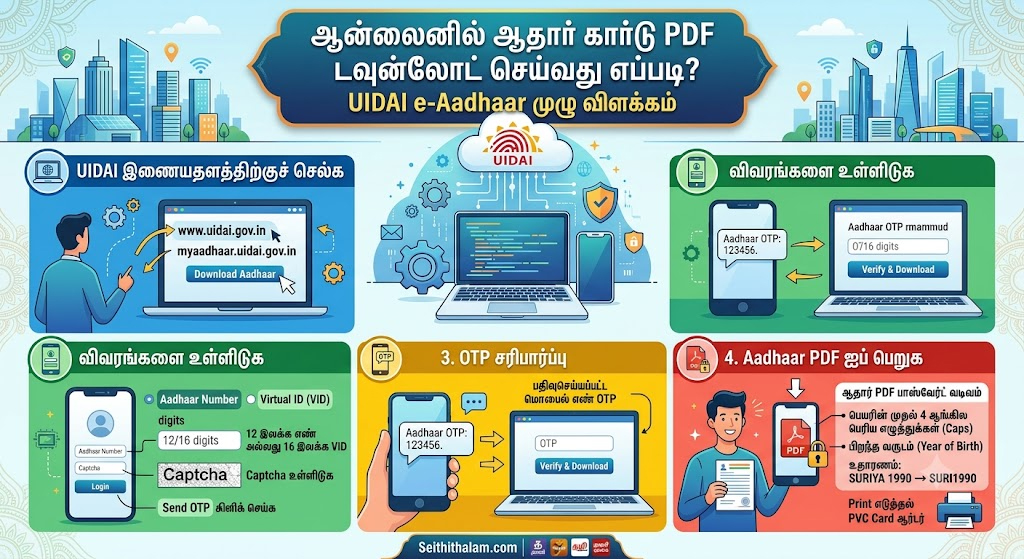 ஆன்லைனில் 2 நிமிடத்தில் ஆதார் கார்டு PDF டவுன்லோட் செய்வது எப்படி? பாஸ்வேர்ட் மற்றும் பிரிண்ட் எடுக்கும் எளிய வழிமுறைகள்!