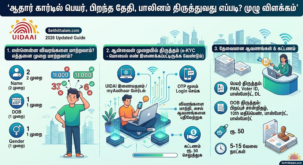 ஆதார் கார்டில் பெயர், பிறந்த தேதி, பாலினம் தவறாக உள்ளதா? 2026 புதிய விதிகளின்படி ஆன்லைனில் திருத்துவது எப்படி? முழுமையான வழிகாட்டி!