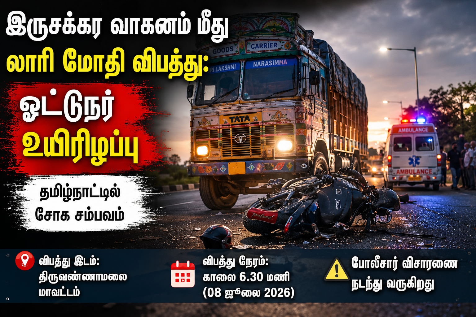 நெஞ்சை உலுக்கும் சோகம்: இரு சக்கர வாகன விபத்தில் சிக்கி லாரி டிரைவர் பரிதாப உயிரிழப்பு - போலீசார் தீவிர விசாரணை!