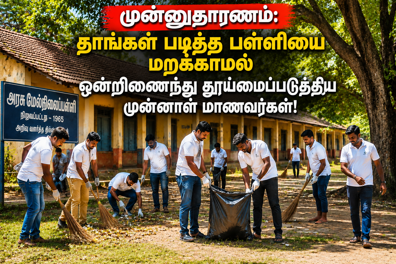 முன்னுதாரணம்: தாங்கள் படித்த பள்ளியை மறக்காமல் ஒன்றிணைந்து தூய்மைப்படுத்திய முன்னாள் மாணவர்கள்!