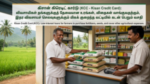 கிசான் கிரெடிட் கார்டு (KCC - Kisan Credit Card):  விவசாயிகள் தங்களுக்குத் தேவையான உரங்கள், விதைகள் வாங்குவதற்கும், இதர விவசாயச் செலவுகளுக்கும் மிகக் குறைந்த வட்டியில் கடன் பெறும் வசதி