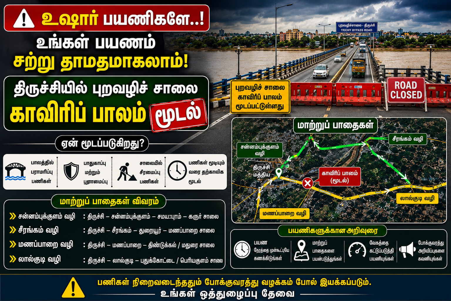 உஷார் பயணிகளே.. உங்கள் பயணம் சற்று தாமதமாகலாம்! திருச்சியில் புறவழிச் சாலை காவிரிப் பாலம் மூடல் - மாற்றுப் பாதைகள் என்ன? முழு விவரம்