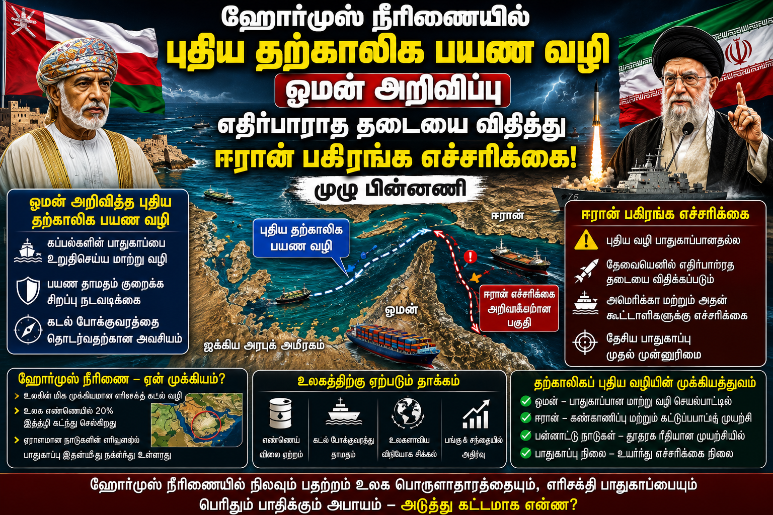 ஹோர்முஸ் நீரிணையில் புதிய தற்காலிக பயண வழி - ஓமன் அறிவிப்பு; எதிர்பாராத தடையை விதித்து ஈரான் பகிரங்க எச்சரிக்கை! முழு பின்னணி