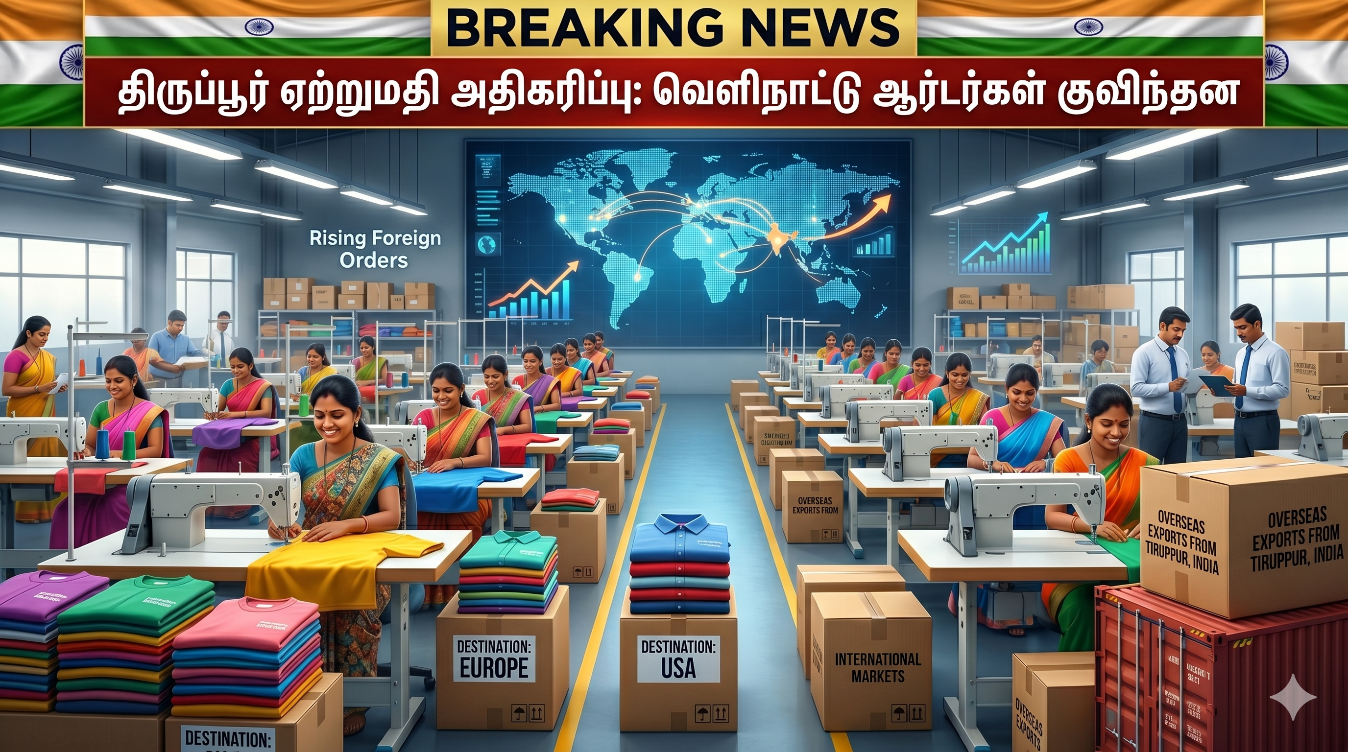 திருப்பூர் பின்னலாடைத் துறைக்கு புது வெளிச்சம்: குவியும் வெளிநாட்டு ஆர்டர்கள்! ஆயத்த ஆடை உற்பத்தியில் பெண்களுக்கு அதிகரிக்கும் வேலைவாய்ப்புகள்!