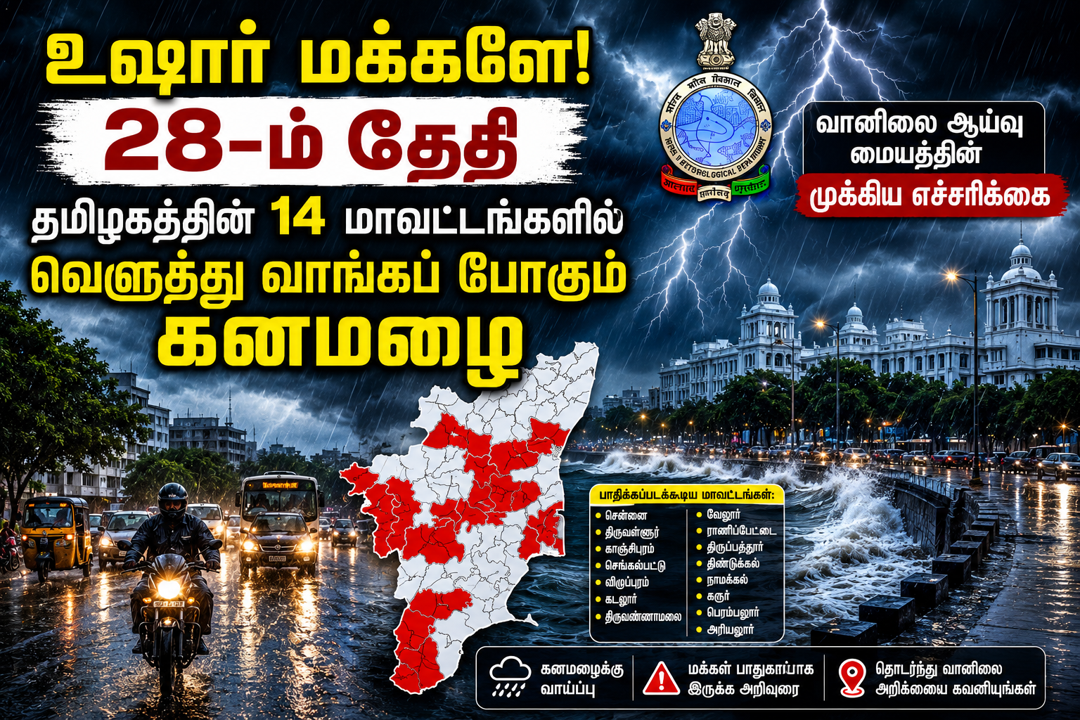 உஷார் மக்களே! 28-ம் தேதி தமிழகத்தின் 14 மாவட்டங்களில் வெளுத்து வாங்கப் போகும் கனமழை; வானிலை ஆய்வு மையத்தின் முக்கிய எச்சரிக்கை
