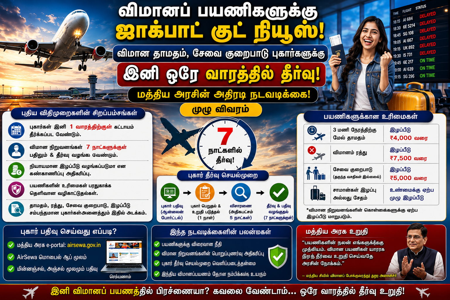 விமானப் பயணிகளுக்கு ஜாக்பாட் குட் நியூஸ்! விமான தாமதம், சேவை குறைபாடு புகார்களுக்கு இனி ஒரே வாரத்தில் தீர்வு; மத்திய அரசின் அதிரடி நடவடிக்கை! முழு விவரம்