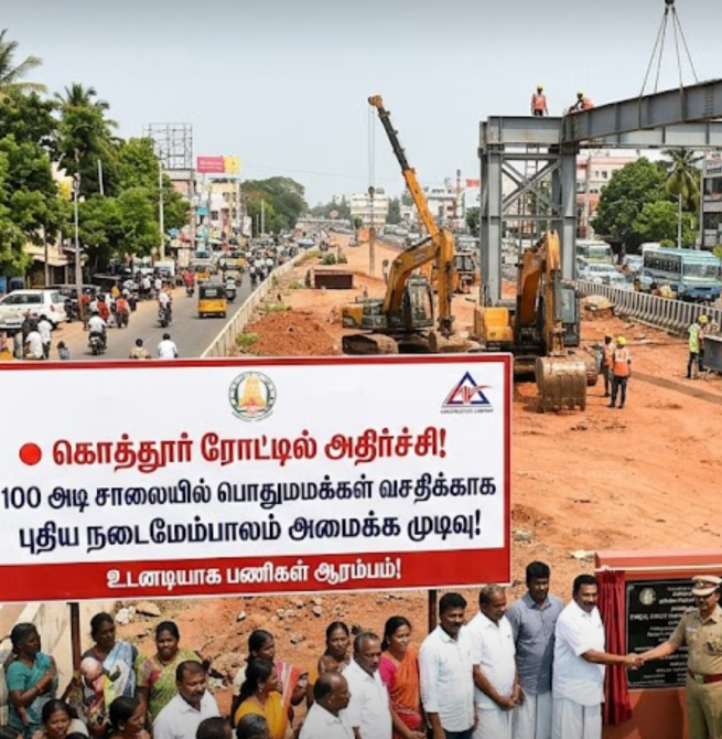 🔴 கொத்தூர் ரோட்டில் அதிர்ச்சி! 100 அடி சாலையில் பொதுமக்கள் வசதிக்காக புதிய நடைமேம்பாலம் அமைக்க முடிவு!