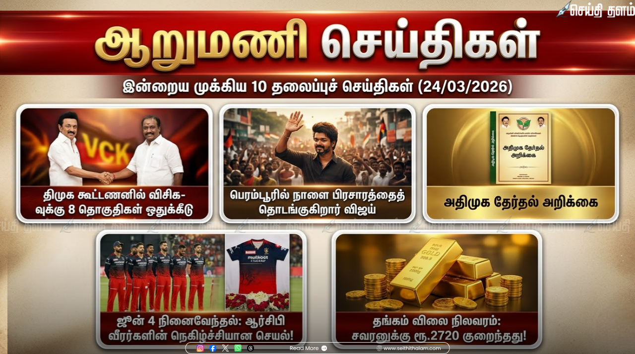 ஆறு மணிச் செய்திகள் - இன்றைய 10 முக்கியச் செய்திகள் (24/03/2026)