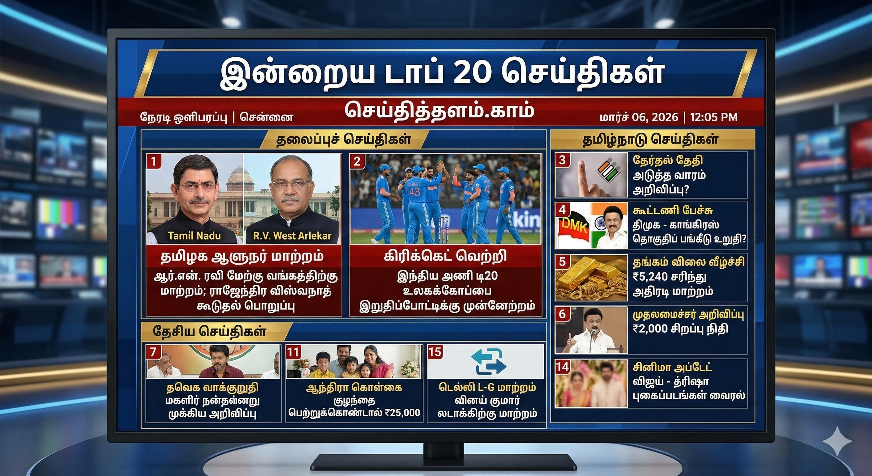 இன்றைய டாப் 20 செய்திகள்: தமிழக ஆளுநர் மாற்றம் முதல் தங்கம் விலை வீழ்ச்சி வரை!