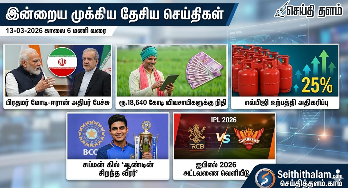 இன்றைய முக்கியத் தேசியச் செய்திகள் - 13 மார்ச் 2026