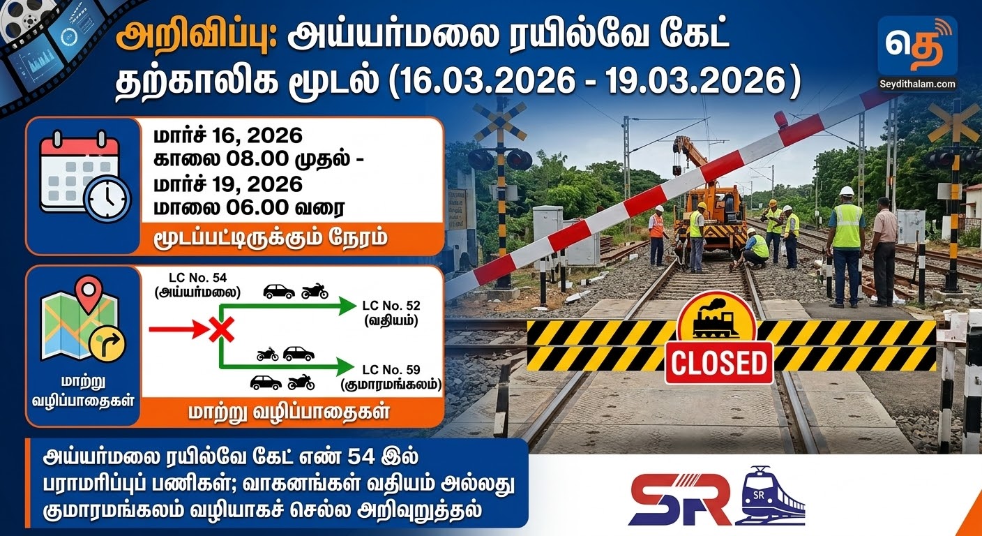 அய்யர்மலை ரயில்வே கேட் மூடல்: மார்ச் 16 முதல் 19 வரை போக்குவரத்து மாற்றம்!