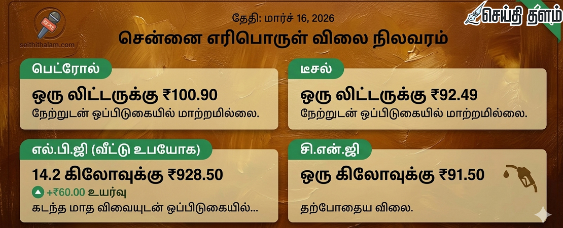சென்னையில் இன்றைய பெட்ரோல், டீசல் மற்றும் கேஸ் விலை நிலவரம்!