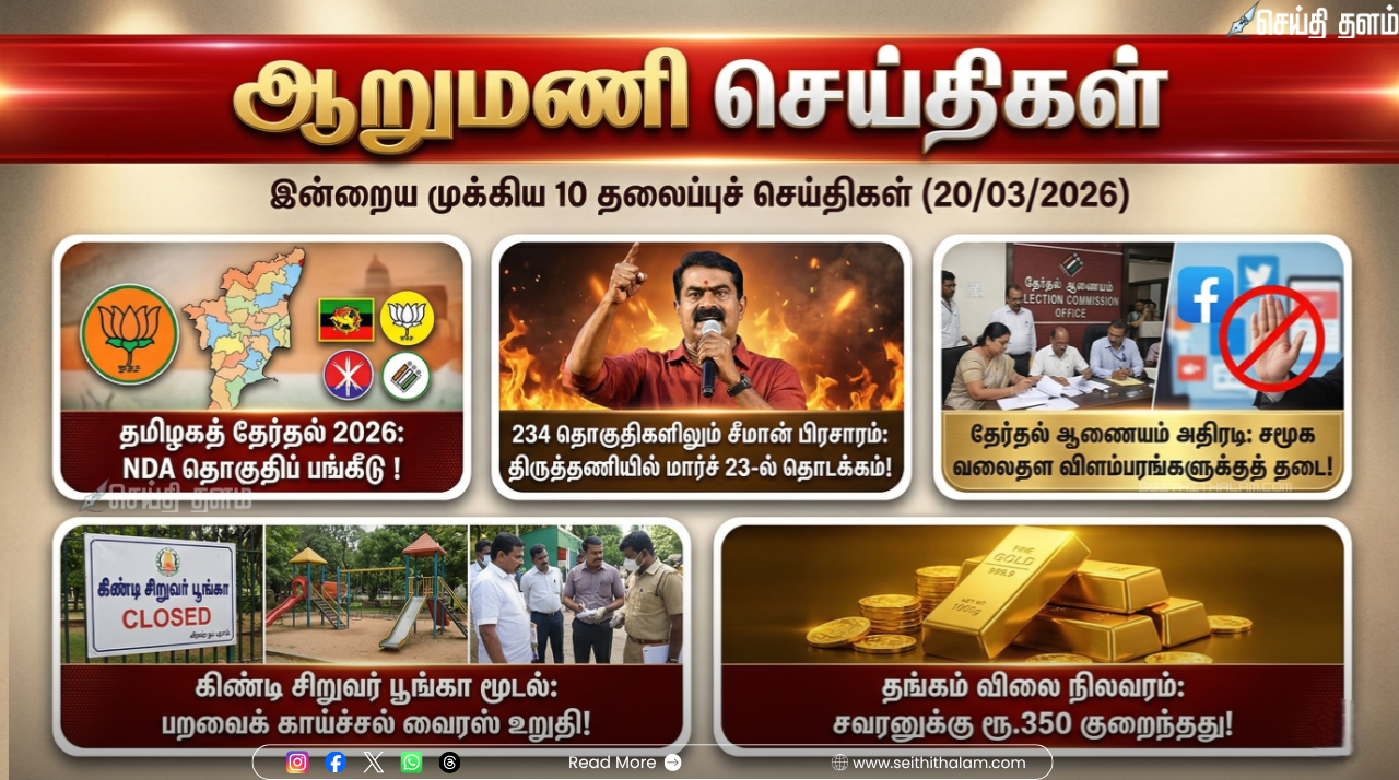 ஆறு மணிச் செய்திகள் - இன்றைய 10 முக்கியச் செய்திகள் (20/03/2026)