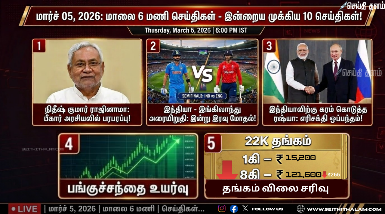 மார்ச் 05, 2026: மாலை 6 மணி செய்திகள் - இன்றைய முக்கிய 10 செய்திகள்!