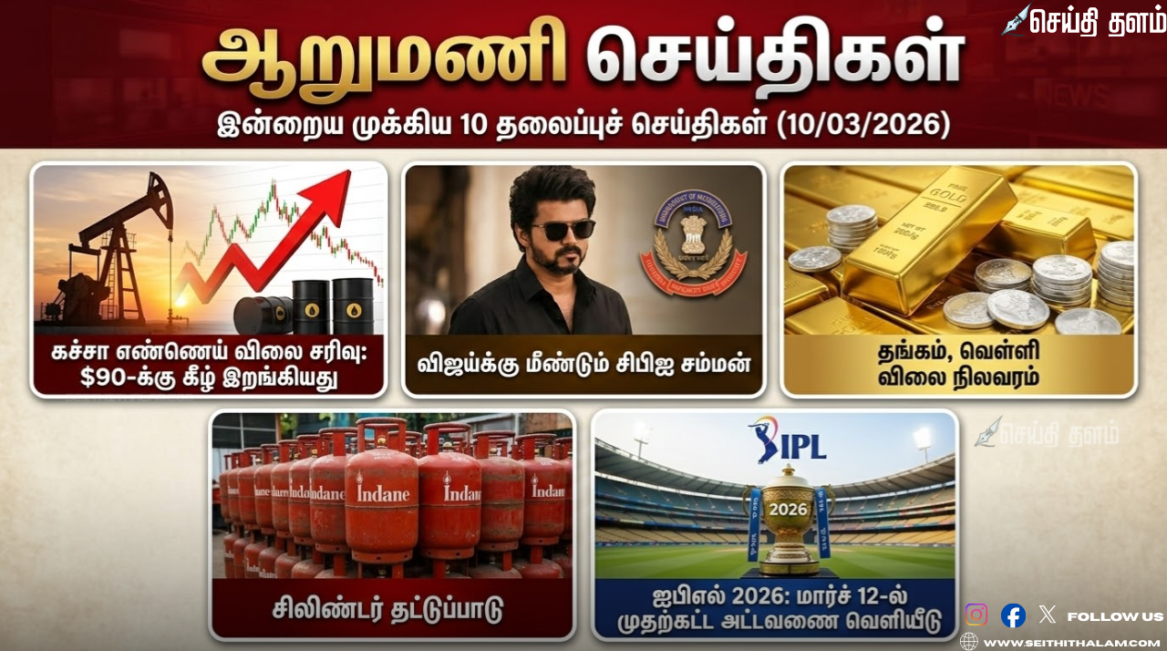 ஆறுமணி செய்திகள்: இன்றைய முக்கிய 10 தலைப்புச் செய்திகள் (10/03/2026)