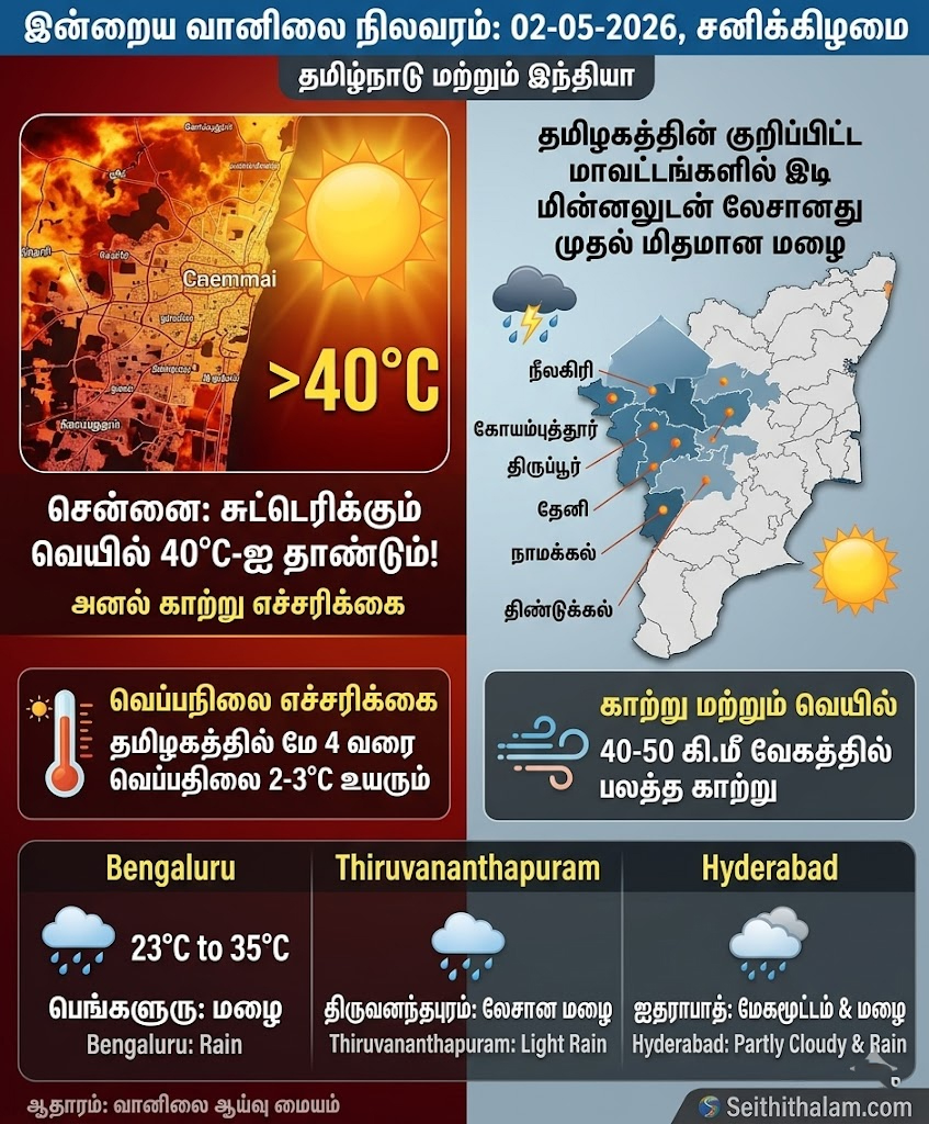 மே 2 வானிலை: தமிழகத்தில் மழை, சென்னையில் 40°C-ஐ தாண்டும் சுட்டெரிக்கும் வெயில்!