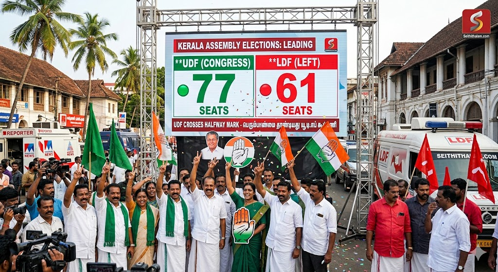 கேரளா தேர்தல் முடிவுகள்: 77 இடங்களில் UDF முன்னிலை! LDF-க்கு பெரும் சரிவு!