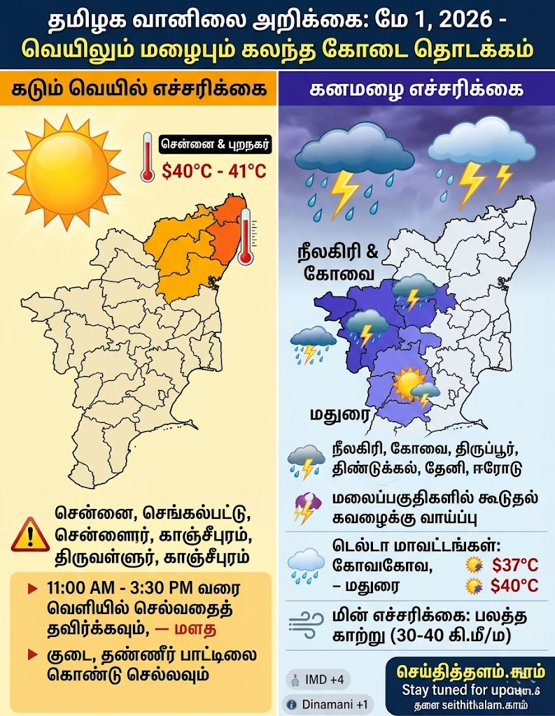 தமிழக வானிலை நிலவரம்: மே 1, 2026 - மழை மற்றும் வெயில் எச்சரிக்கை